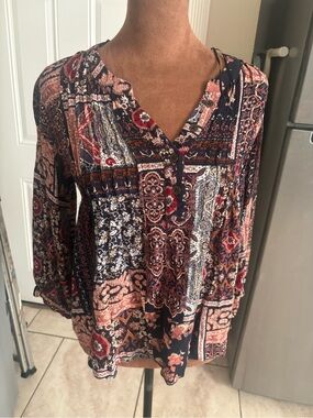 Knox Rose Patchwork Print Henley Blouse - Navy & Rust